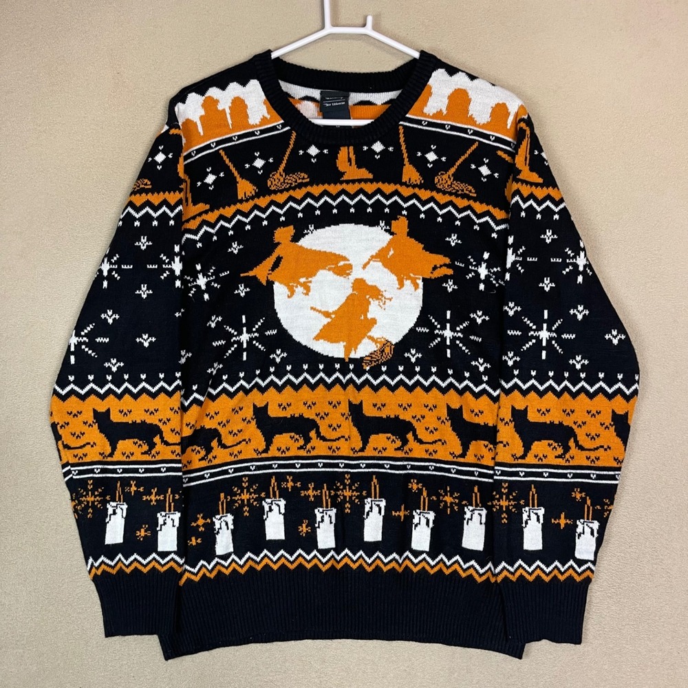 Disney Hocus Pocus Ugly Christmas Sweater Black Orange Cat Witch Broom Candle LG